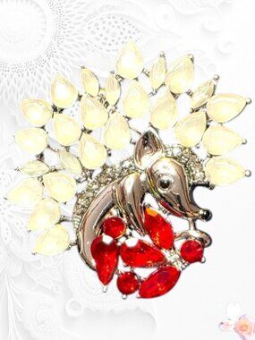 Vintage Porcupine Brooch Silver Tone Red Crystal Opaline Glass Figural 549